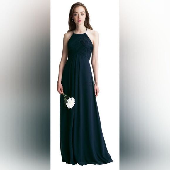 Levkoff 7001 Halter Neck Chiffon A-Line Gown in Navy NWT size 2 - Picture 1 of 5